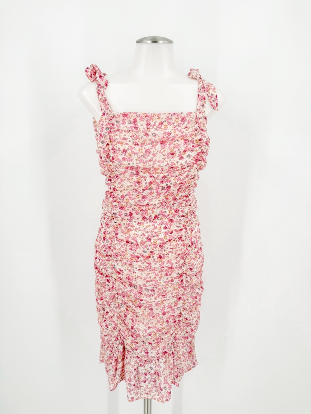 She + Sky Floral Ruched Mini Dress Tie Shoulder Pink XS